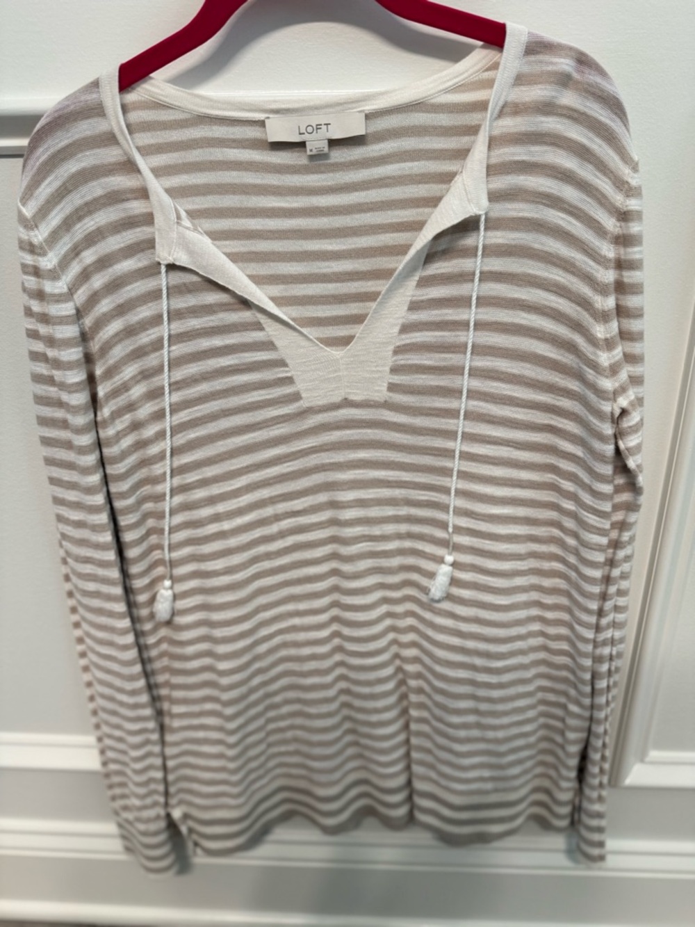 LOFT Beige and White Striped Lightweight Sweater